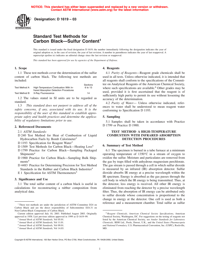 ASTM D1619-03 - Standard Test Methods for Carbon Black&#8212;Sulfur Content