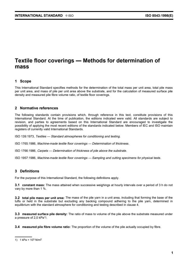 ISO 8543:1998 - Textile floor coverings -- Methods for determination of mass