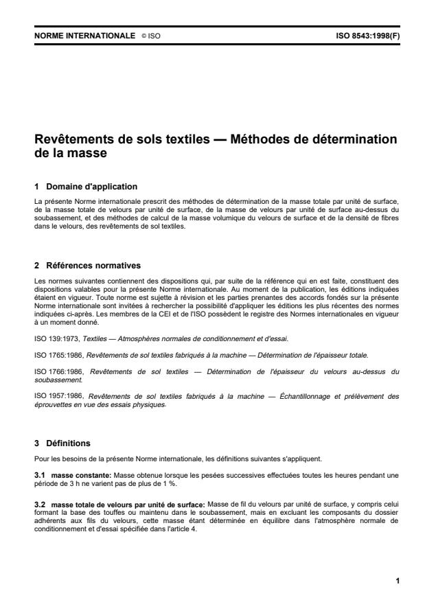 ISO 8543:1998 - Revetements de sol textiles -- Méthodes de détermination de la masse