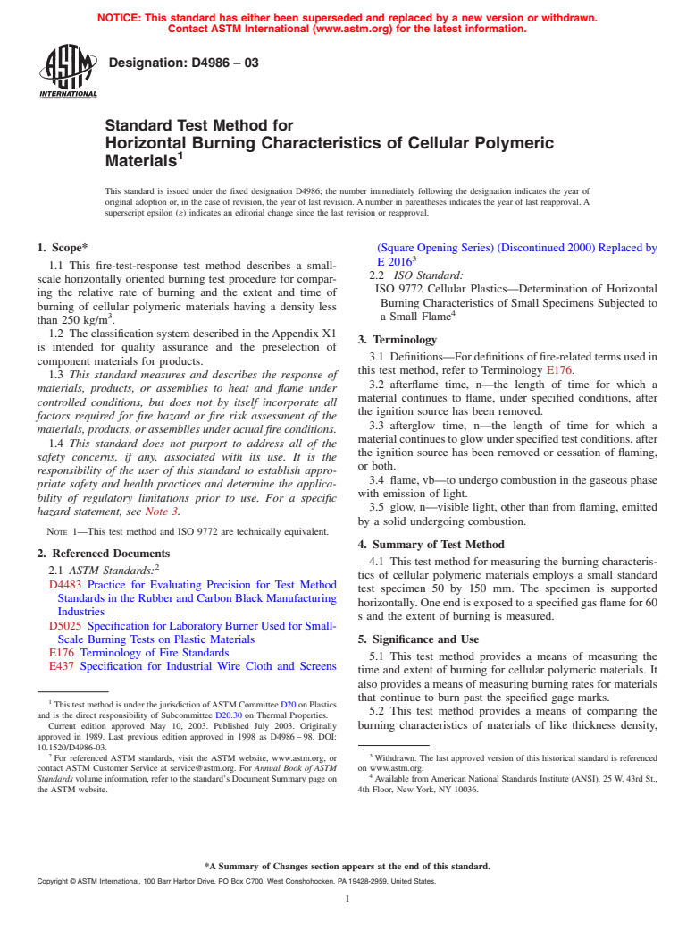 ASTM D4986-03 - Standard Test Method for Horizontal Burning Characteristics of Cellular Polymeric Materials