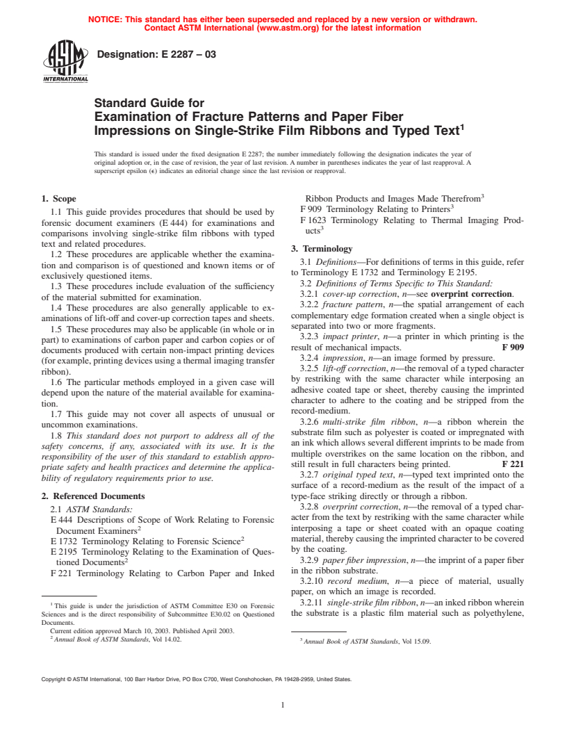 ASTM E2287-03 - Standard Guide for Examination of Fracture Patterns and Paper Fiber Impressions on Single-Strike Film Ribbons and Typed Text