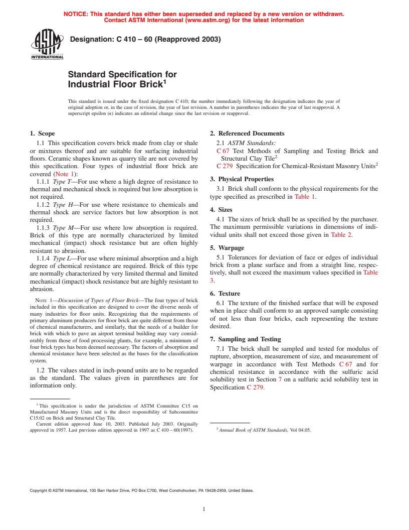 ASTM C410-60(2003) - Standard Specification for Industrial Floor Brick