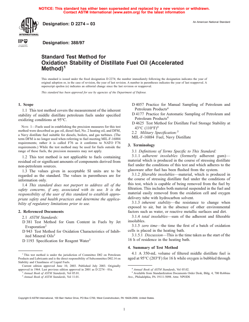 ASTM D2274-03 - Standard Test Method for Oxidation Stability of Distillate Fuel Oil (Accelerated Method)