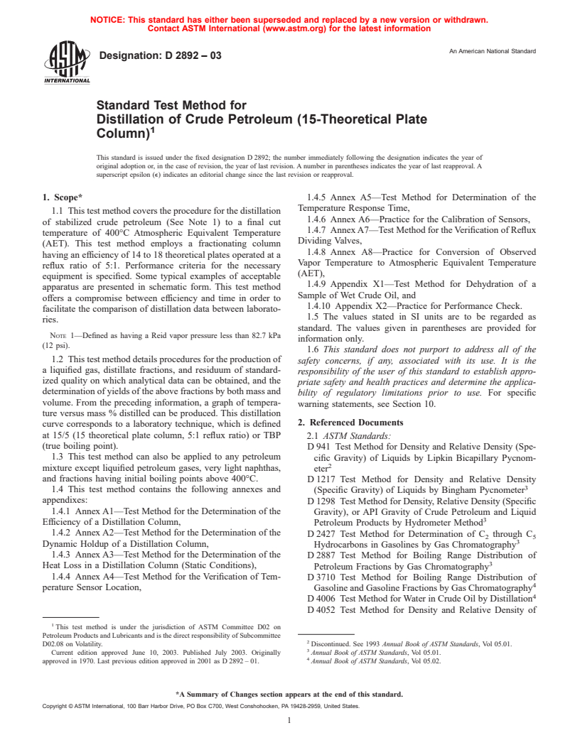 ASTM D2892-03 - Standard Test Method for Distillation of Crude Petroleum (15-Theoretical Plate Column)