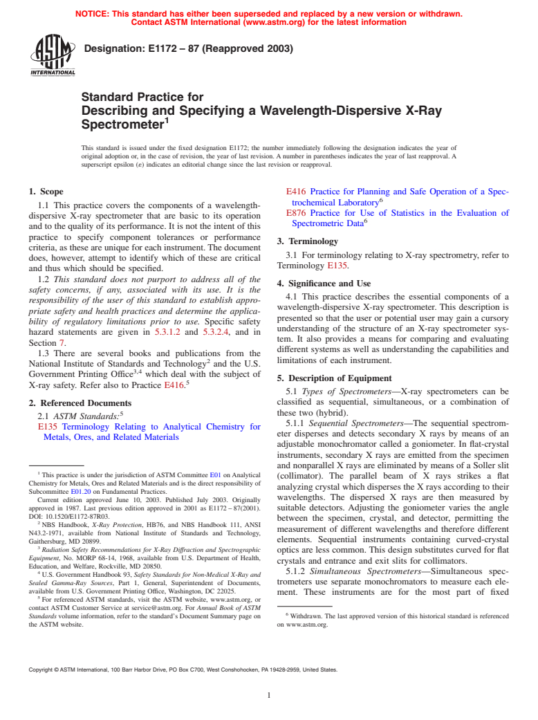 ASTM E1172-87(2003) - Standard Practice for Describing and Specifying a Wavelength-Dispersive X-Ray Spectrometer