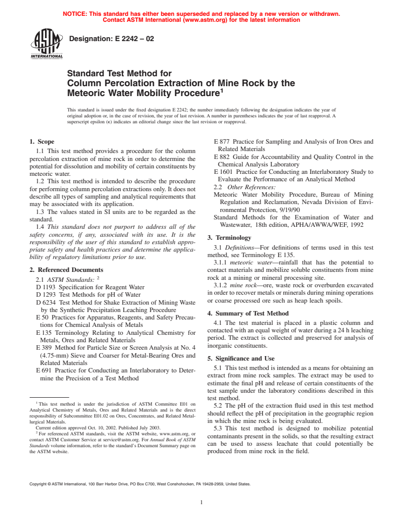 ASTM E2242-02 - Standard Test Method for Column Percolation Extraction of Mine Rock by the Meteoric Water Mobility Procedure