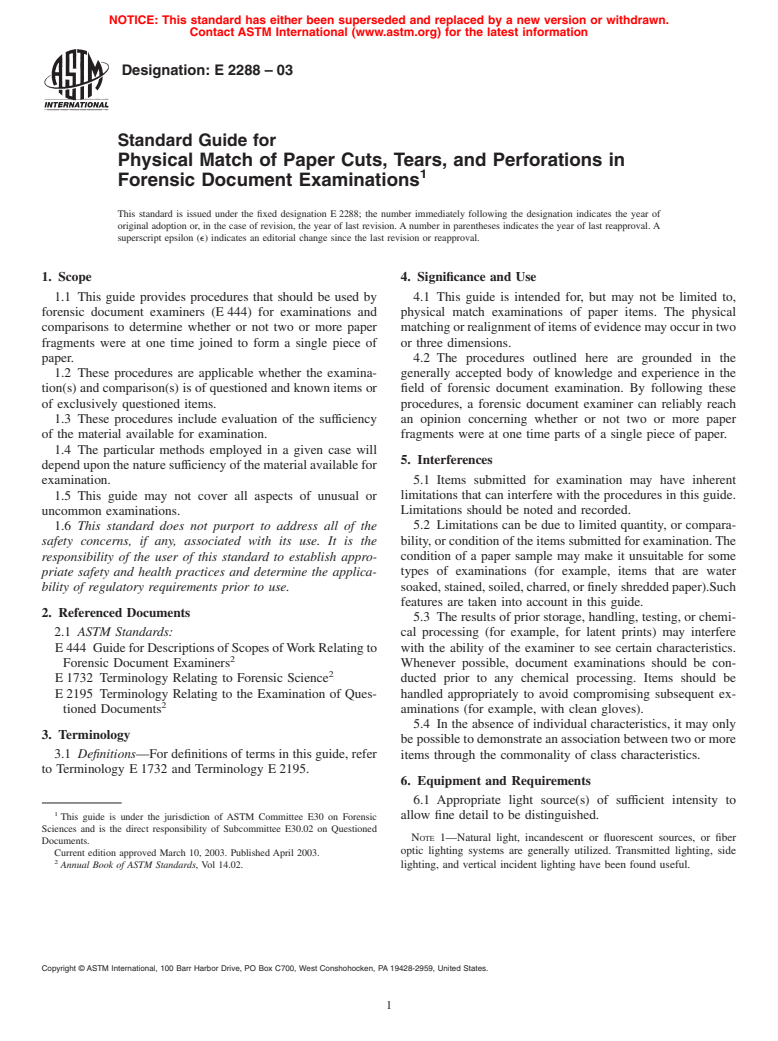 ASTM E2288-03 - Standard Guide for Physical Match of Paper Cuts, Tears, and Perforations in Forensic Document Examinations