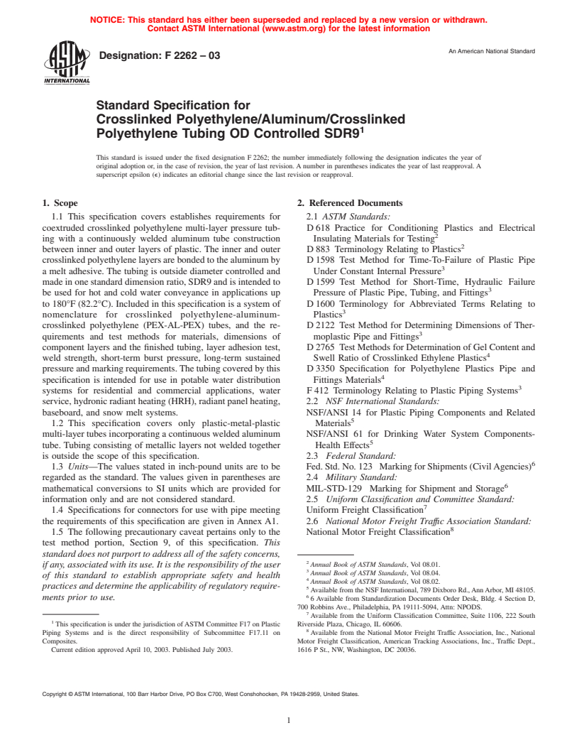 ASTM F2262-03 - Standard Specification for Crosslinked Polyethylene/Aluminum/Crosslinked Polyethylene Tubing OD Controlled SDR9
