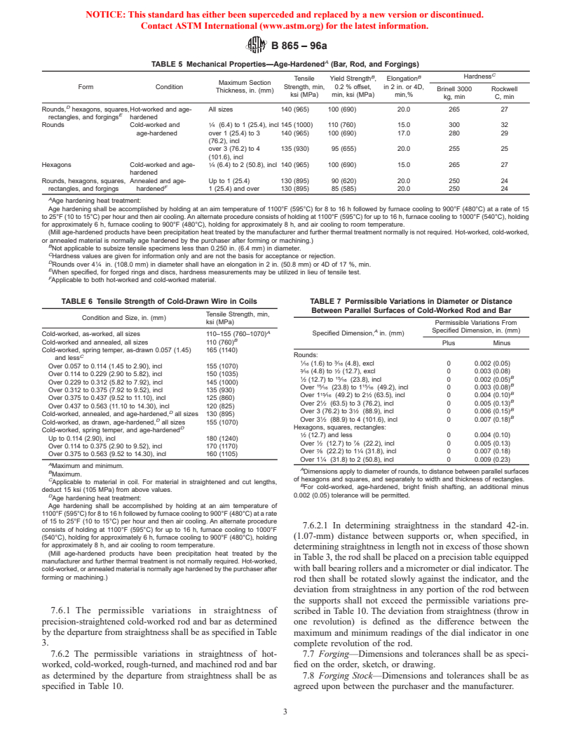 ASTM B865-96a - Standard Specification for Precipitation Hardening Nickel-Copper-Aluminum Alloy (UNS N05500) Bar, Rod, Wire, Forgings, and Forging Stock