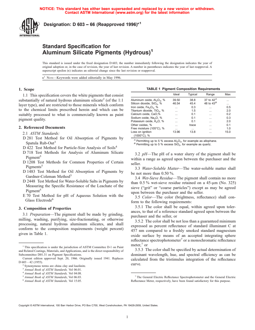 ASTM D603-66(1996)e1 - Standard Specification for Aluminum Silicate Pigments (Hydrous) (Withdrawn 2004)