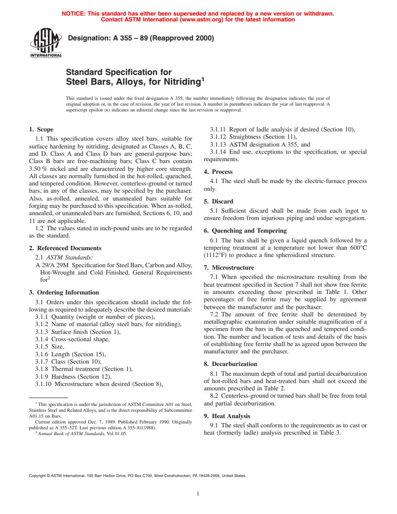 ASTM A355-89(2000) - Standard Specification for Steel Bars, Alloys, for Nitriding