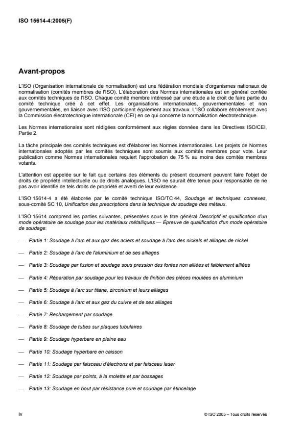 ISO 15614-4:2005 ISO 15614-4:2005 - Descriptif et qualification d'un mode opératoire de soudage pour les matériaux métalliques -- Épreuve de qualification d'un mode opératoire de soudage - Page 4 preview