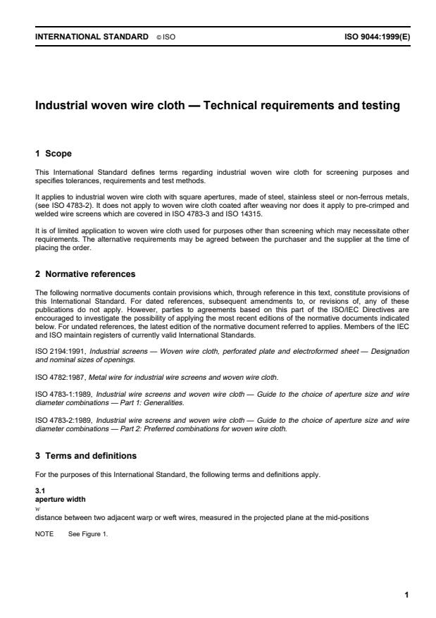 ISO 9044:1999 - Industrial woven wire cloth -- Technical requirements and tests
