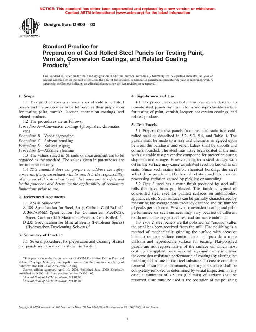 ASTM D609-00 - Standard Practice for Preparation of Cold-Rolled Steel Panels for Testing Paint, Varnish, Conversion Coatings, and Related Coating Products