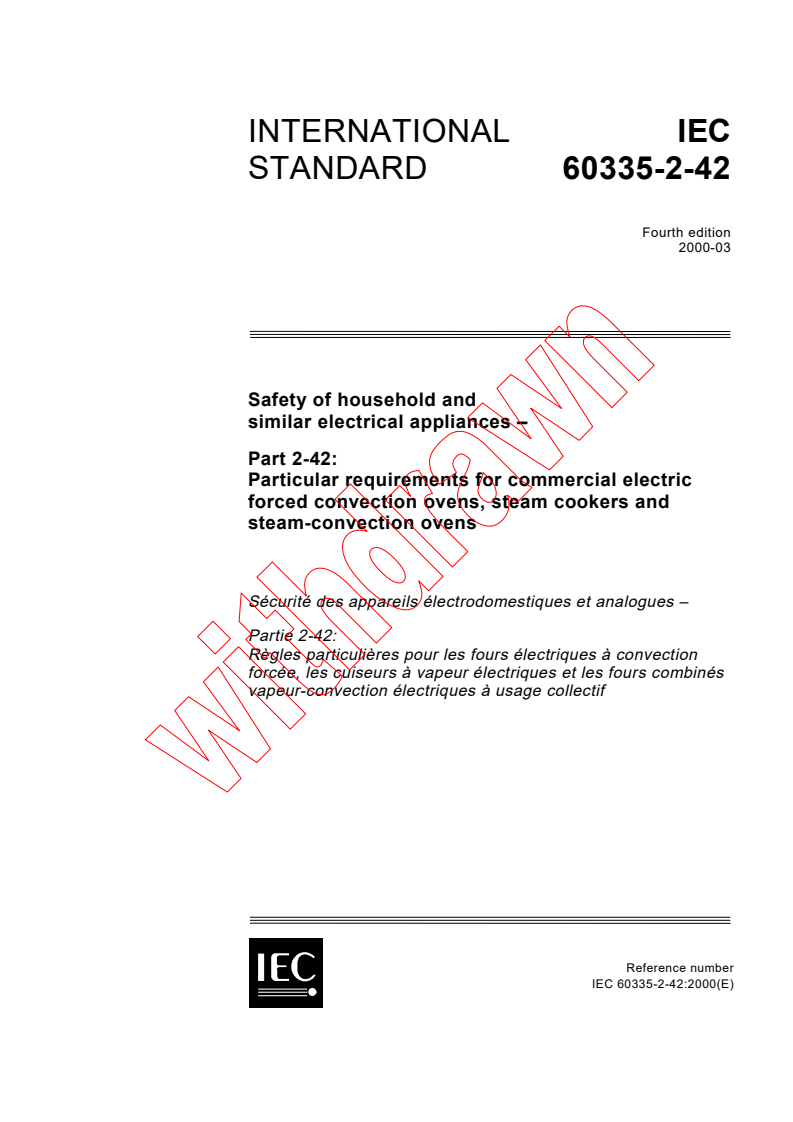 IEC 60335-2-42:2000 - Safety of household and similar electrical appliances - Part 2-42: Particular requirements for commercial electric forced convection ovens, steam cookers and steam-convection ovens
Released:3/16/2000
Isbn:2831851750