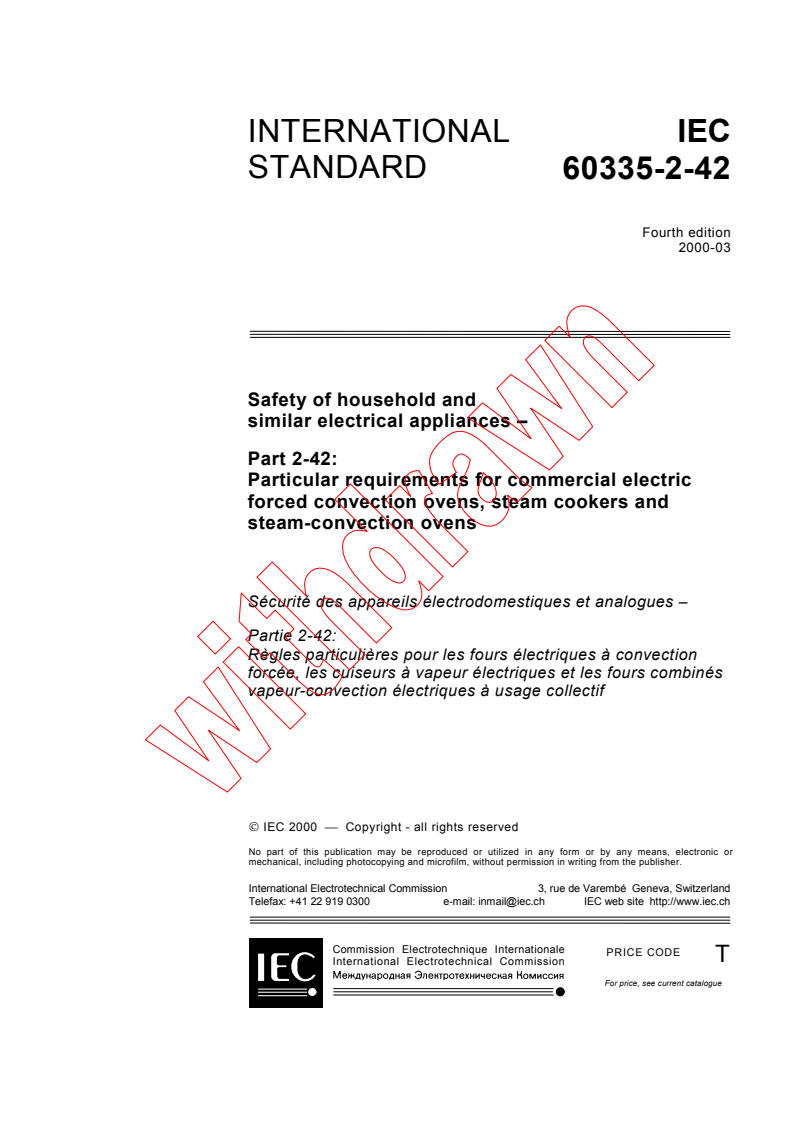 IEC 60335-2-42:2000 - Safety of household and similar electrical appliances - Part 2-42: Particular requirements for commercial electric forced convection ovens, steam cookers and steam-convection ovens
Released:3/16/2000
Isbn:2831851750