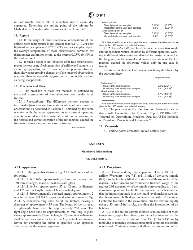 ASTM D611-01b - Standard Test Methods for Aniline Point and Mixed Aniline Point of Petroleum Products and Hydrocarbon Solvents