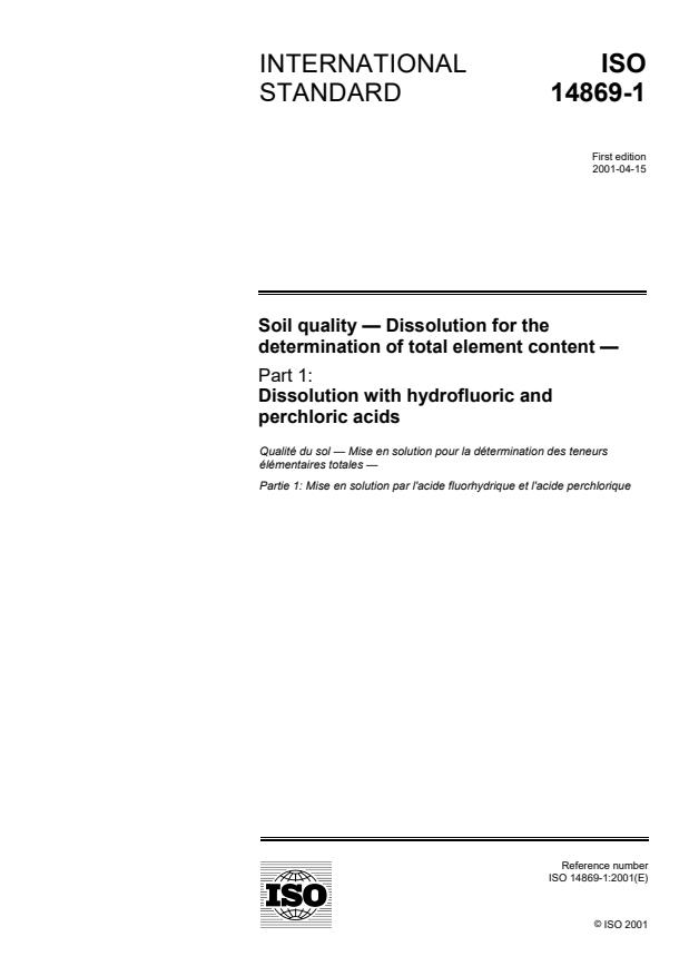 ISO 14869-1:2001 - Soil quality -- Dissolution for the determination of total element content