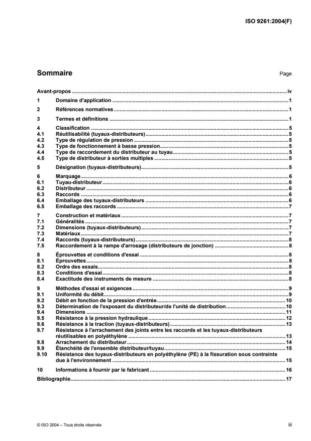 ISO 9261:2004 - Matériel agricole d'irrigation -- Distributeurs et tuyaux-distributeurs -- Spécifications et méthodes d'essai