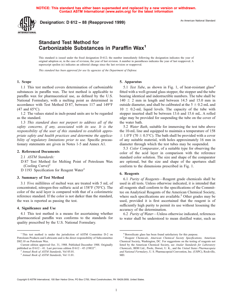 ASTM D612-88(1999) - Standard Test Method for Carbonizable Substances in Paraffin Wax