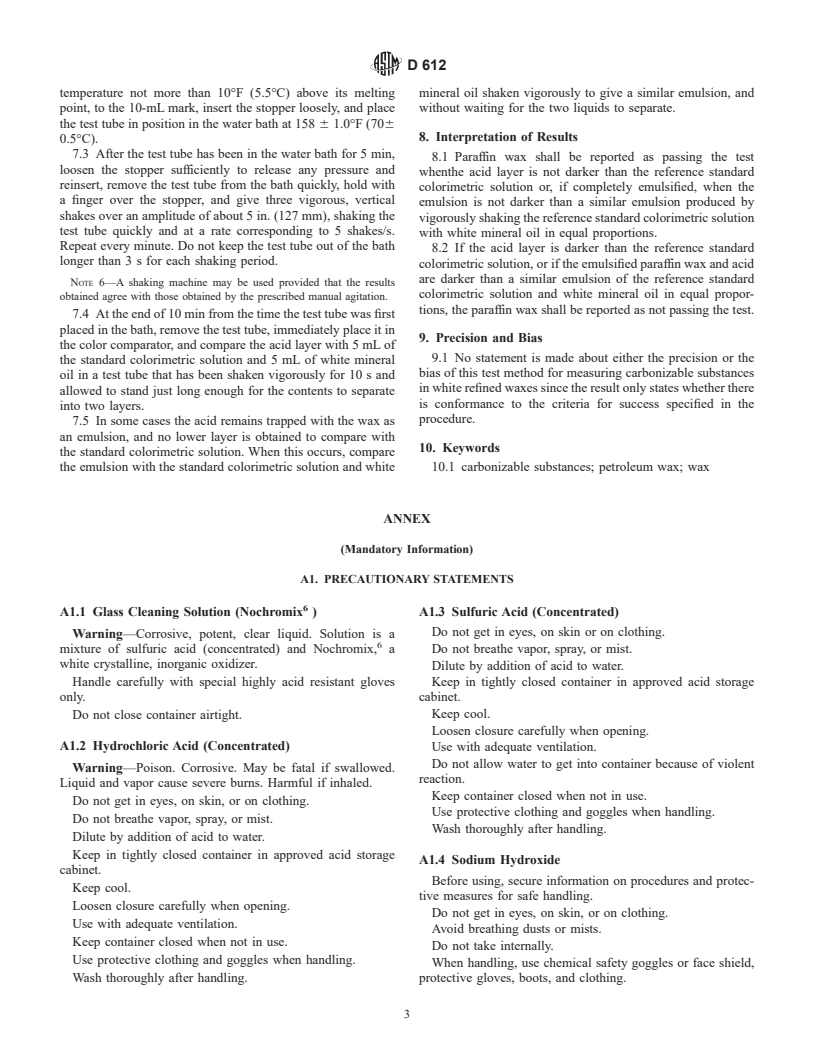 ASTM D612-88(1999) - Standard Test Method for Carbonizable Substances in Paraffin Wax