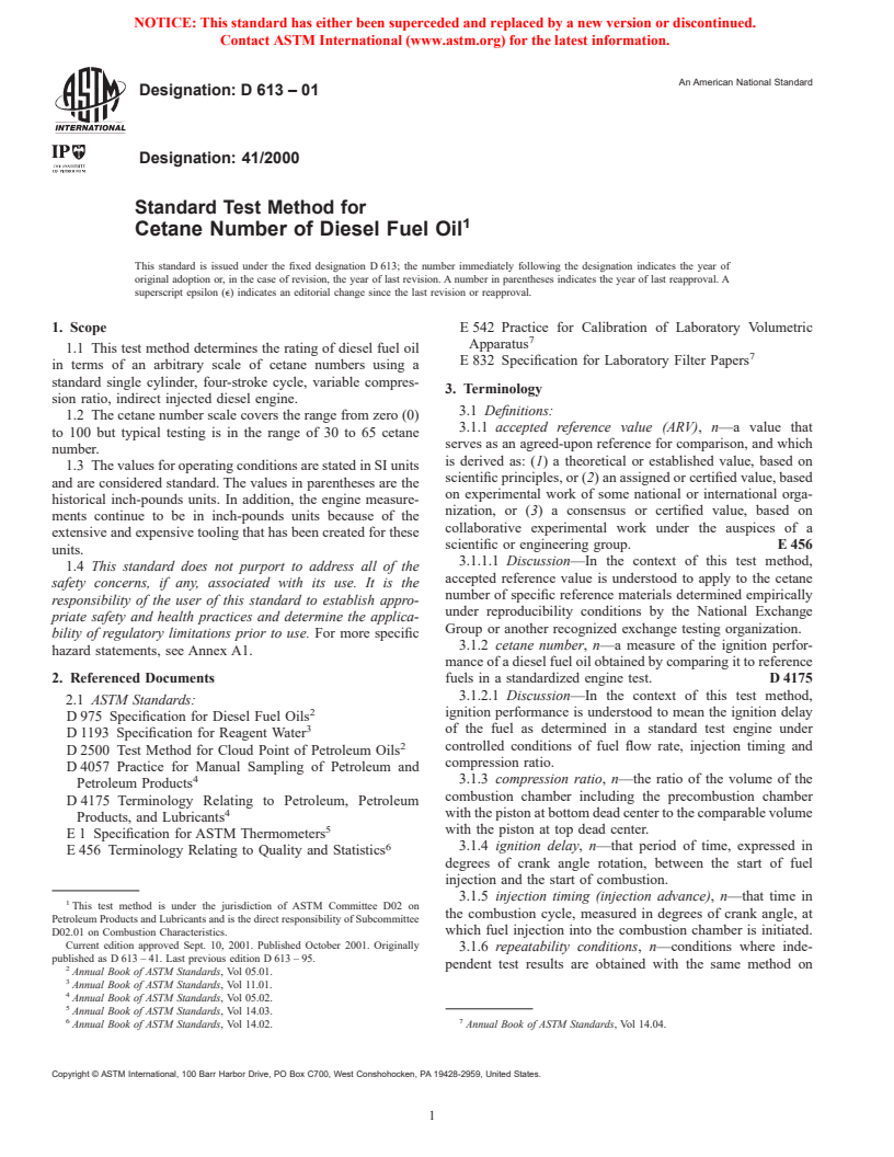 ASTM D613-01 - Standard Test Method for Cetane Number of Diesel Fuel Oil