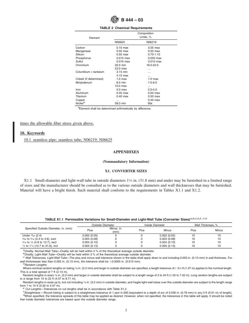 REDLINE ASTM B444-03 - Standard Specification for Nickel-Chromium-Molybdenum-Columbium Alloys (UNS N06625) and Nickel-Chromium-Molybdenum-Silicon Alloy (UNS N06219) Pipe and Tube