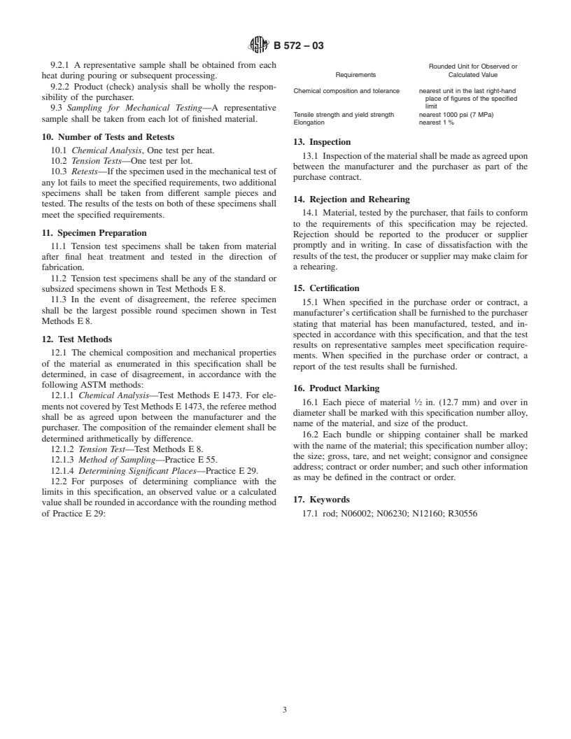 ASTM B572-03 - Standard Specification for UNS N06002, UNS N06230, UNS N12160, and UNS R30556 Rod