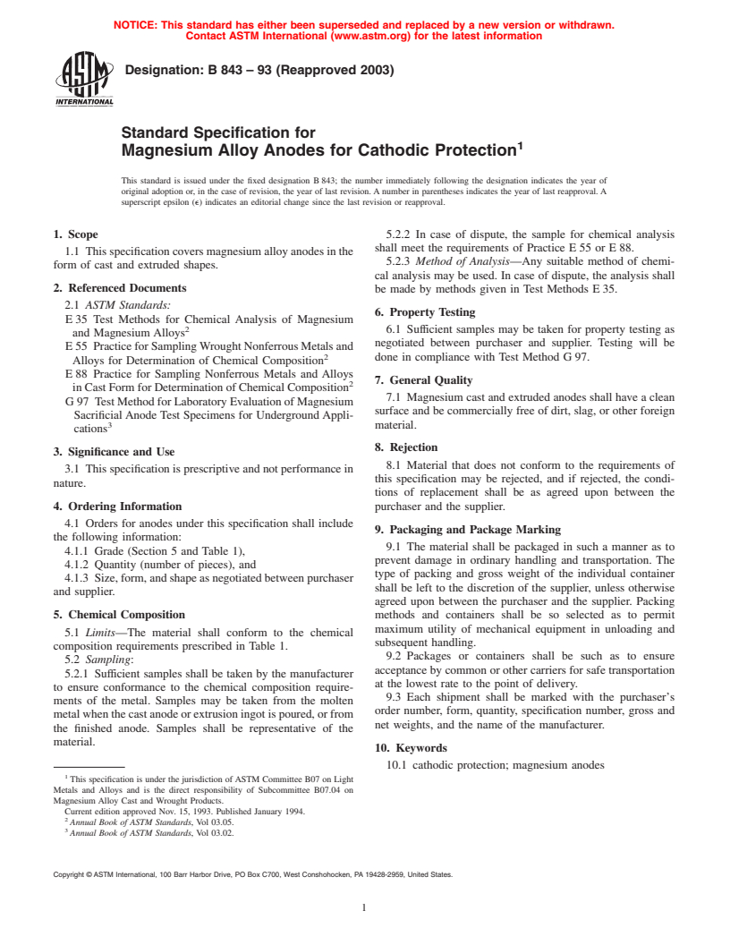 ASTM B843-93(2003) - Standard Specification for Magnesium Alloy Anodes for Cathodic Protection