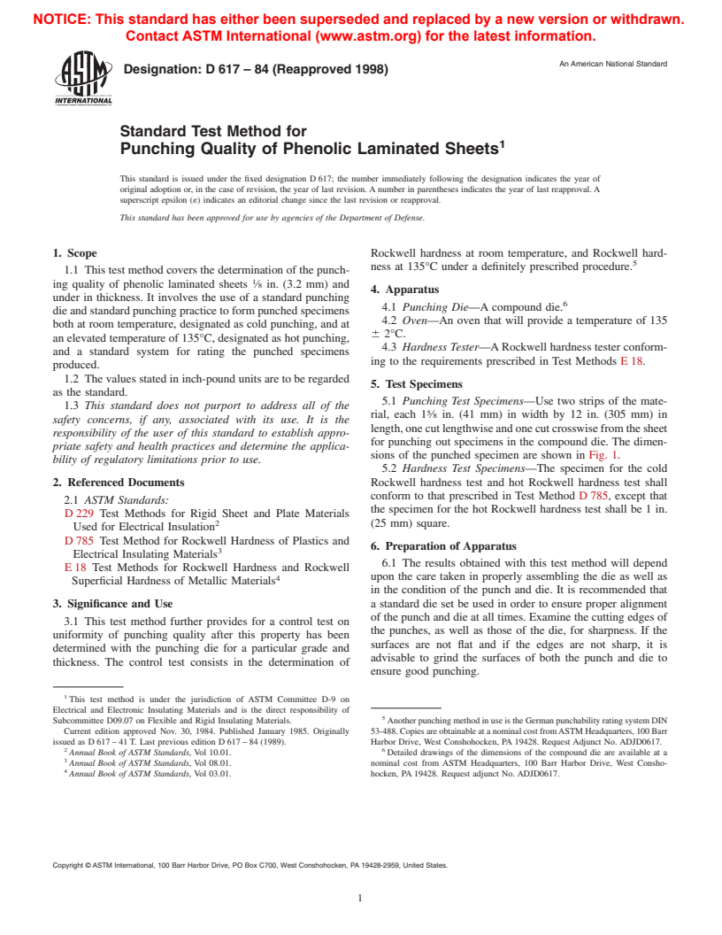 ASTM D617-84(1998) - Standard Test Method for Punching Quality of Phenolic Laminated Sheets (Withdrawn 2003)