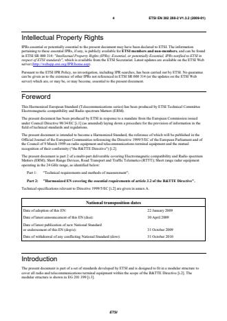 SIST EN 302 288-2 V1.3.2:2009 ETSI EN 302 288-2 V1.3.2 (2009-01) - Electromagnetic compatibility and Radio spectrum Matters (ERM); Short Range Devices; Road Transport and Traffic Telematics (RTTT); Short range radar equipment operating in the 24 GHz range; Part 2: Harmonized EN covering the essential requirements of article 3.2 of the R&TTE Directive - Page 4 preview