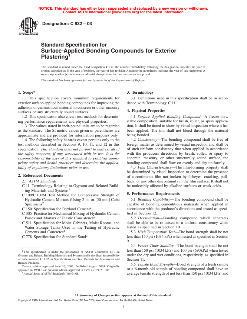 ASTM C932-03 - Standard Specification for Surface-Applied Bonding Compounds for Exterior Plastering