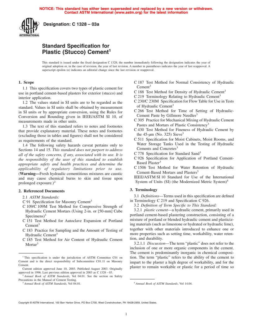 ASTM C1328-03a - Standard Specification for Plastic (Stucco) Cement