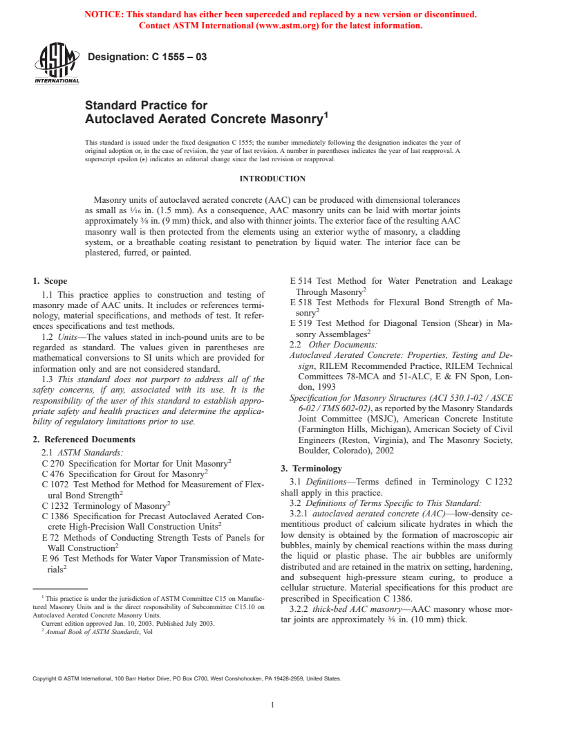 ASTM C1555-03 - Standard Practice for Autoclaved Aerated Concrete Masonry