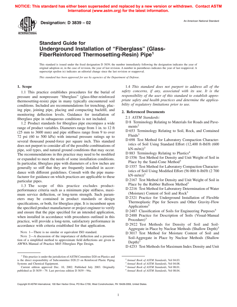 ASTM D3839-02 - Standard Guide for Underground Installation of "Fiberglass" (Glass-FiberReinforced Thermosetting-Resin) Pipe