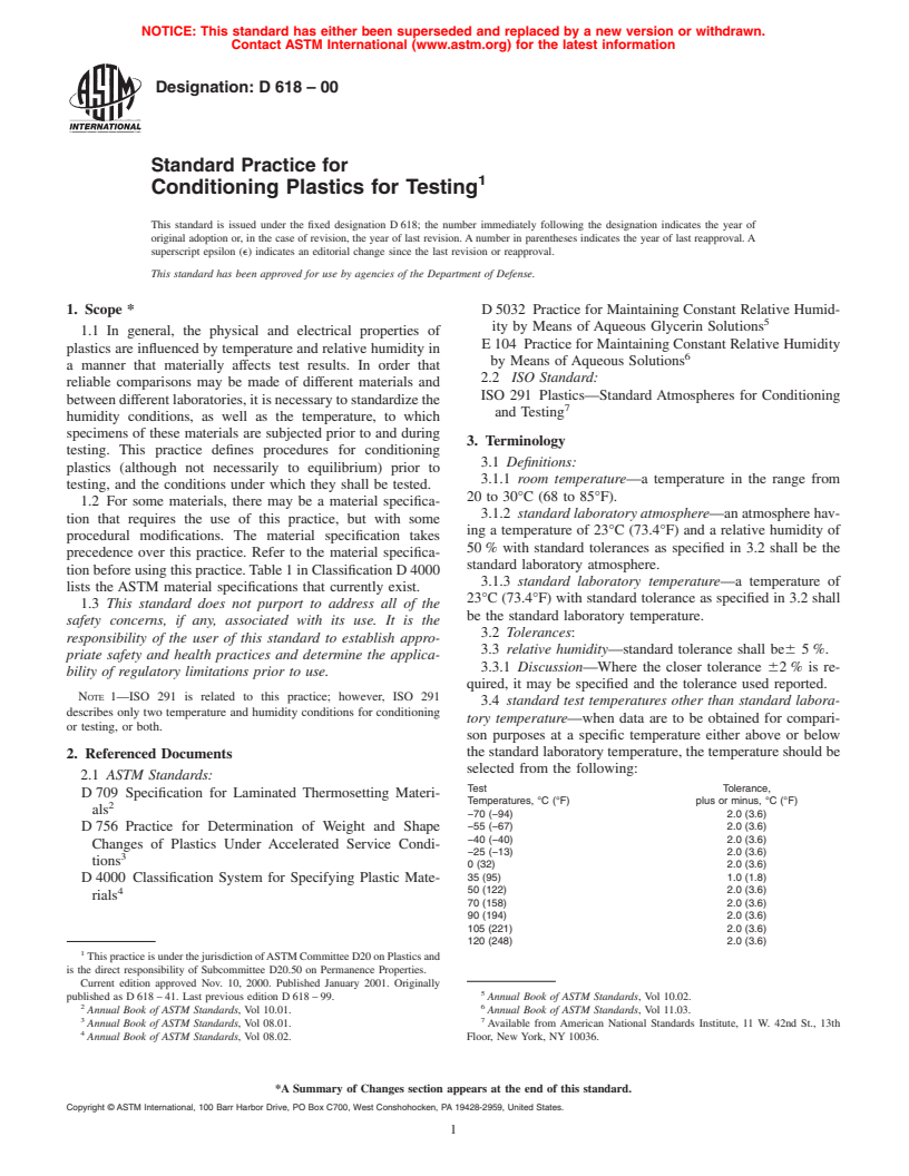 ASTM D618-00 - Standard Practice for Conditioning Plastics for Testing