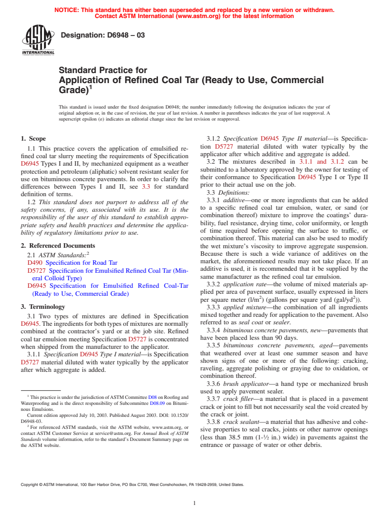 ASTM D6948-03 - Standard Practice for Application of Refined Coal Tar (Ready to Use, Commercial Grade)