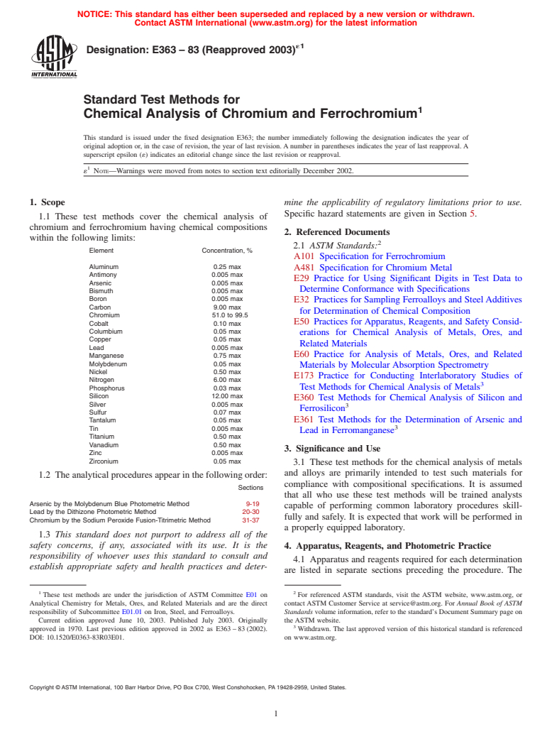 ASTM E363-83(2003)e1 - Standard Test Methods for Chemical Analysis of Chromium and Ferrochromium