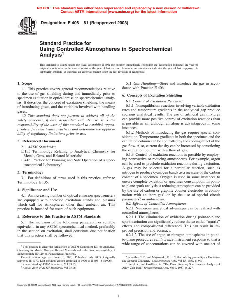 ASTM E406-81(2003) - Standard Practice for Using Controlled Atmospheres in Spectrochemical Analysis