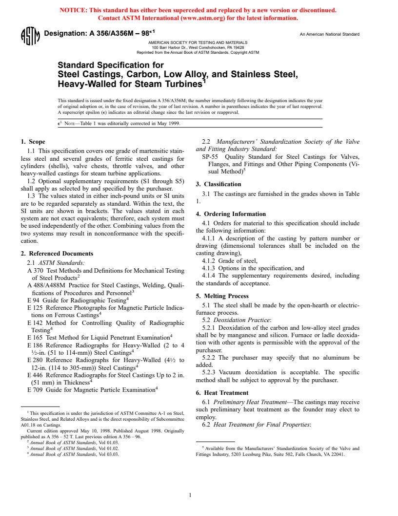 ASTM A356/A356M-98e1 - Standard Specification for Steel Castings, Carbon, Low Alloy, and Stainless Steel, Heavy-Walled for Steam Turbines