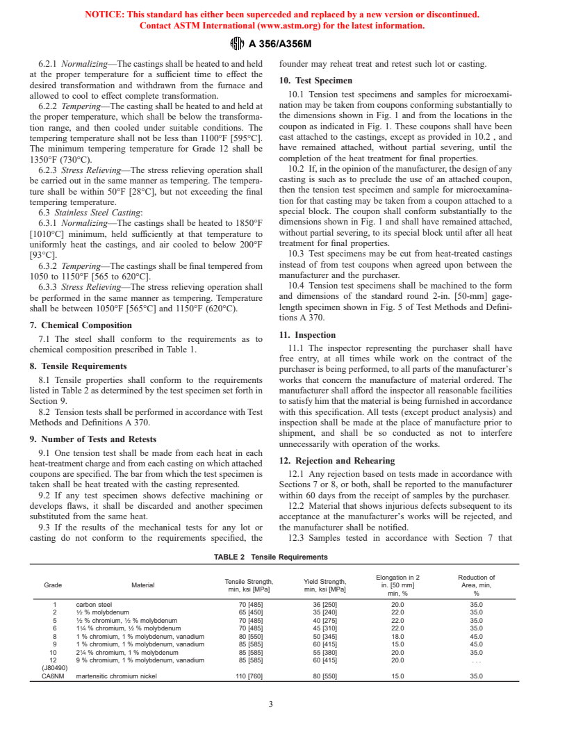 ASTM A356/A356M-98e1 - Standard Specification for Steel Castings, Carbon, Low Alloy, and Stainless Steel, Heavy-Walled for Steam Turbines