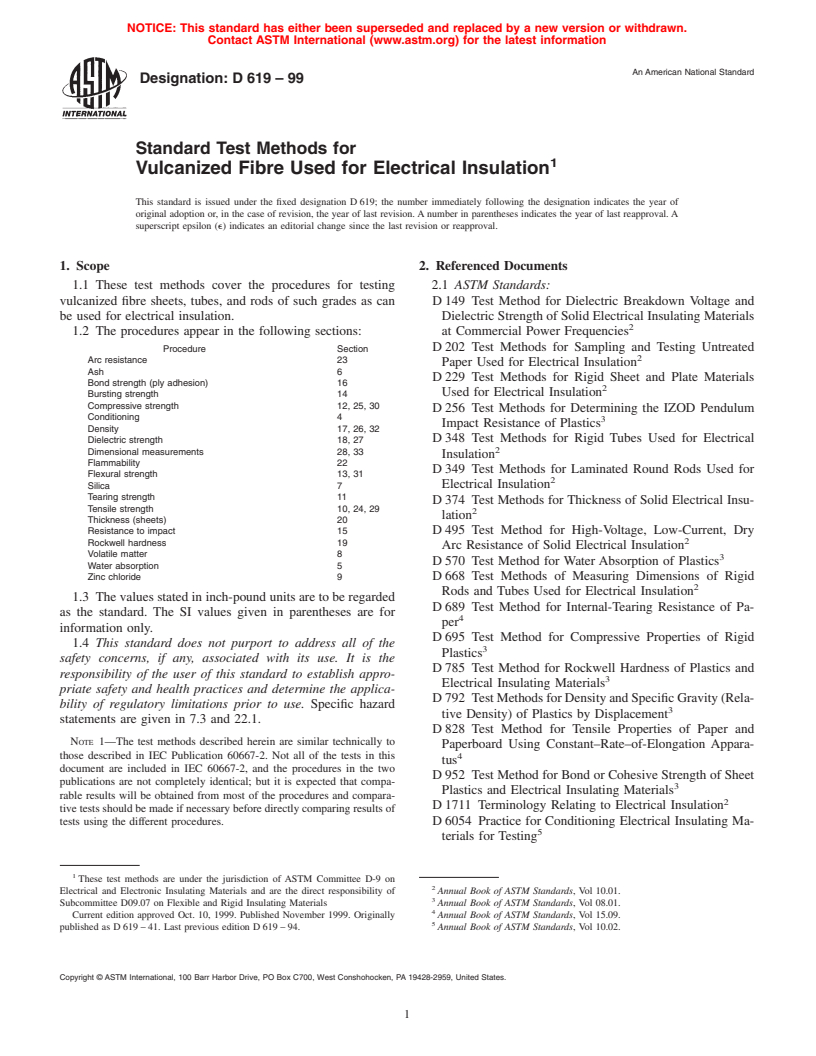 ASTM D619-99 - Standard Test Methods for Vulcanized Fibre Used for Electrical Insulation