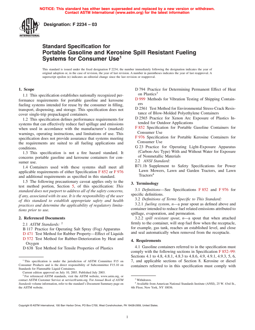 ASTM F2234-03 - Standard Specification for Portable Gasoline and Kerosine Spill Resistant Fueling Systems for Consumer Use