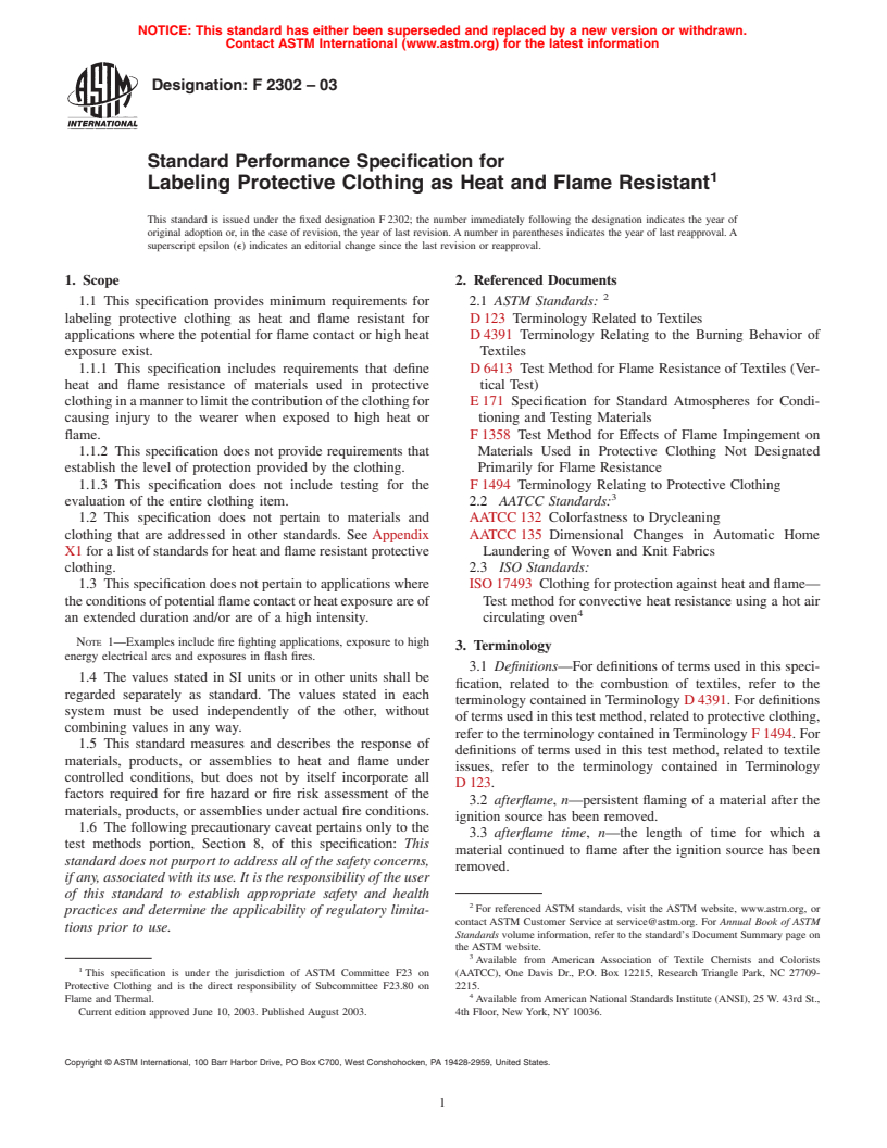 ASTM F2302-03 - Standard Performance Specification for Labeling Protective Clothing as Heat and Flame Resistant