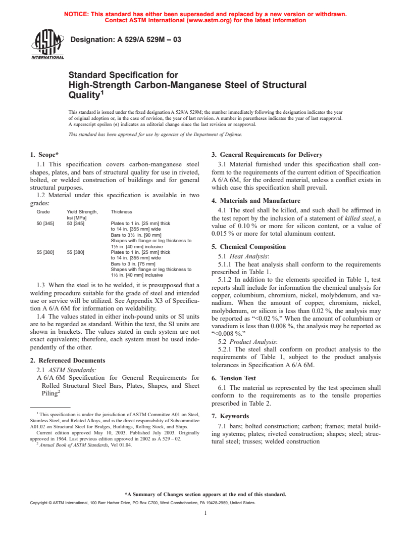 ASTM A529/A529M-03 - Standard Specification for High-Strength Carbon-Manganese Steel of Structural Quality
