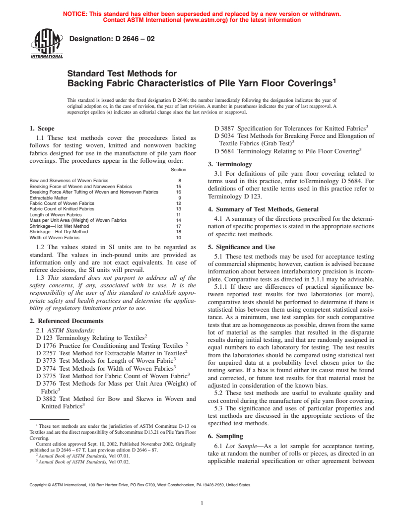 ASTM D2646-02 - Standard Test Methods for Backing Fabric Characteristics of Pile Yarn Floor Coverings