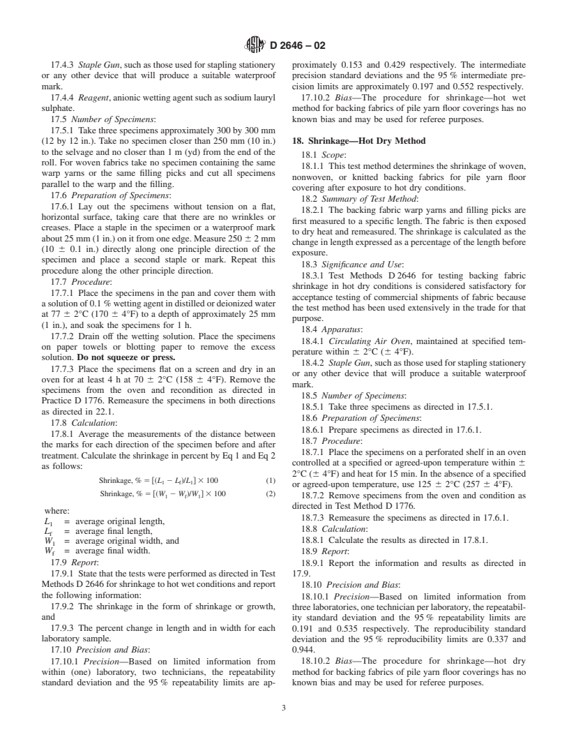 ASTM D2646-02 - Standard Test Methods for Backing Fabric Characteristics of Pile Yarn Floor Coverings