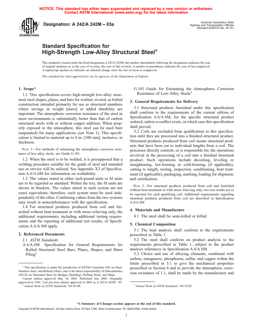 ASTM A242/A242M-03a - Standard Specification for High-Strength Low-Alloy Structural Steel