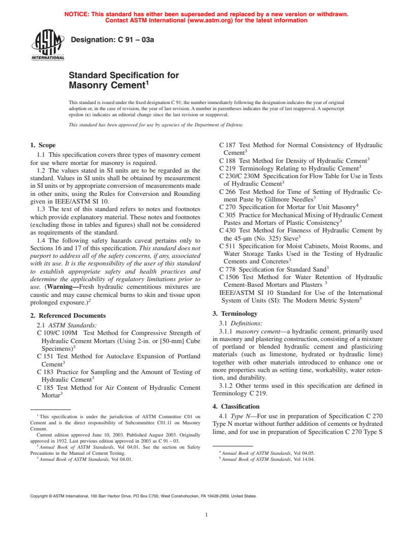 ASTM C91-03a - Standard Specification for Masonry Cement