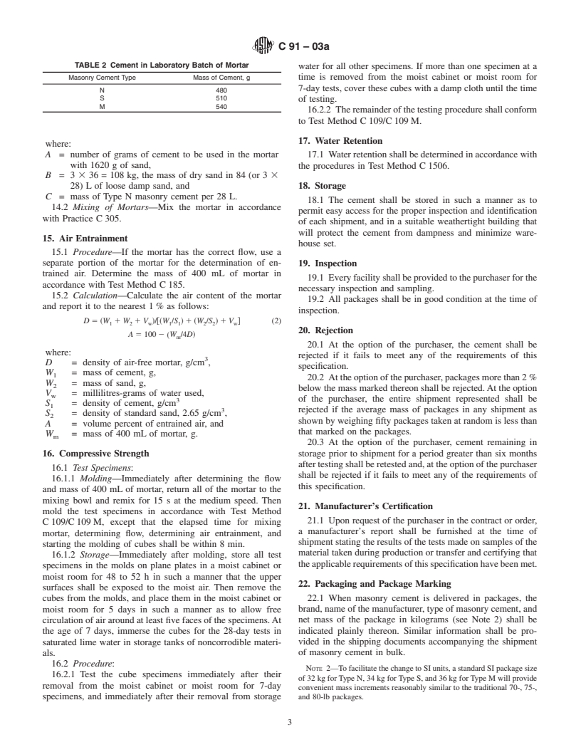 ASTM C91-03a - Standard Specification for Masonry Cement